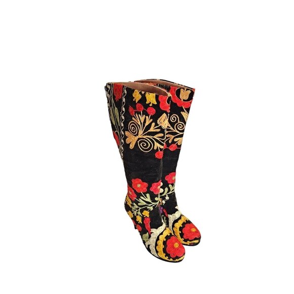 Shoes - Vintage Bohemian High Heel Knee Boots W Colorful Floral Embroidery Eu/39 US W/8